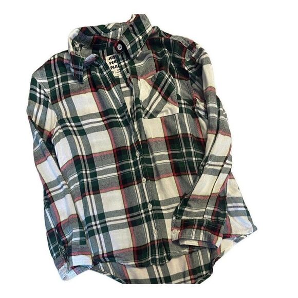 Justice green cream soft plaid button down shirt L kids - Picture 1 of 1